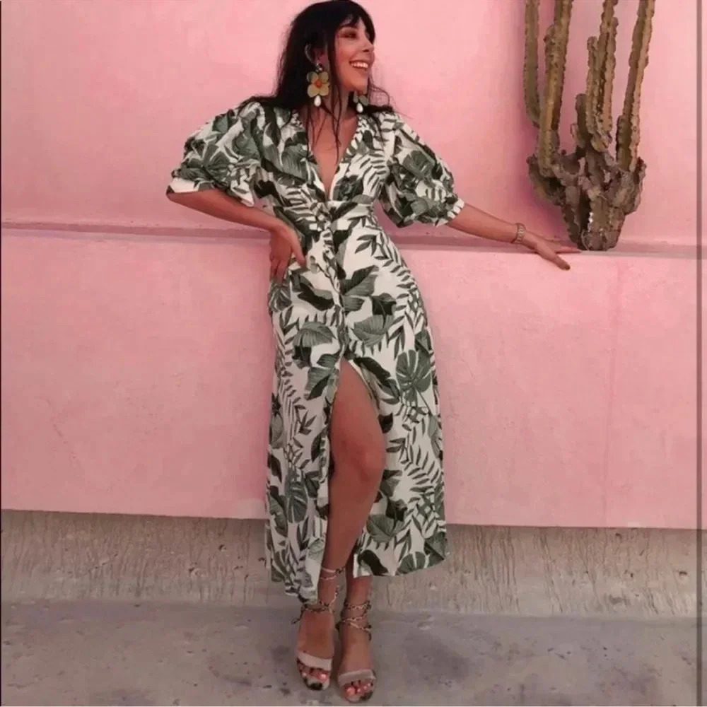 H&M x Johanna Ortiz Green White Linen Leaf Dress - Picture 3 of 11